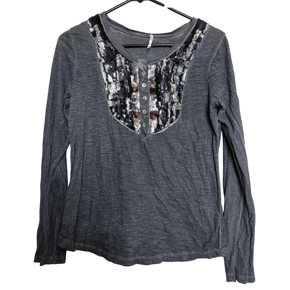 Free People Sequin Henley Top Gray Boho Casual Bling Med